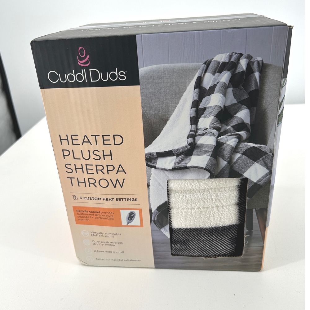 Cuddl Duds Heated Plush Sherpa Throw Buffalo Check Black White 50x60 Electric